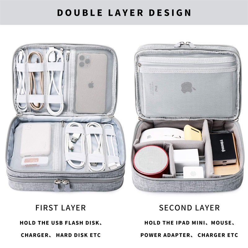 Lanola Travel Cable Organizer Bag  Electronic Accessories Case Portable Double Layer Cable Storage Bag for Cord phone Charger  Flash Drive  Phone  SD Card Personal Items - (Grey) - Image 3